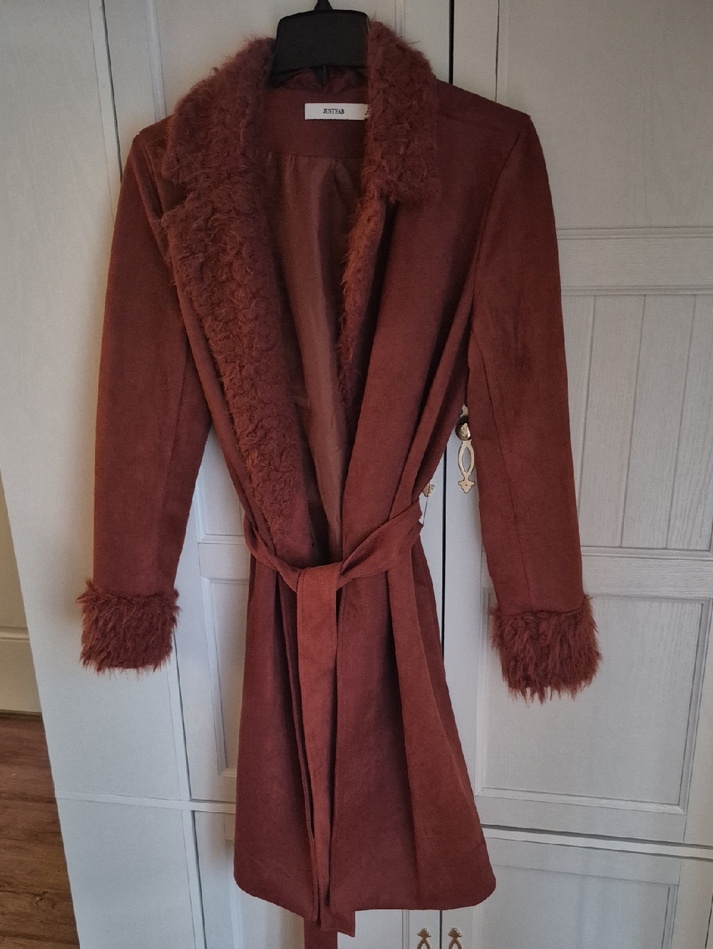 JustFab Rust Faux-Suede Trench Coat with Faux-Fur Trim